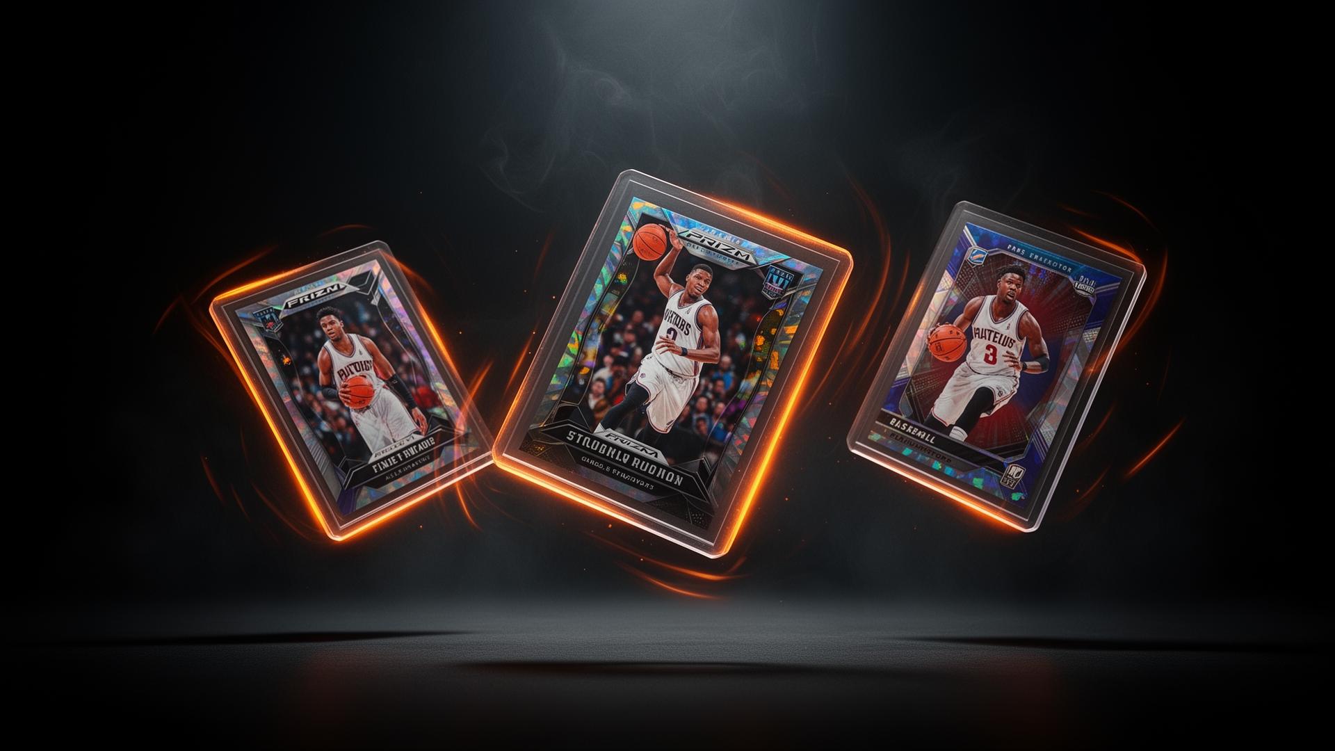 Premium sports trading cards floating in dramatic lighting